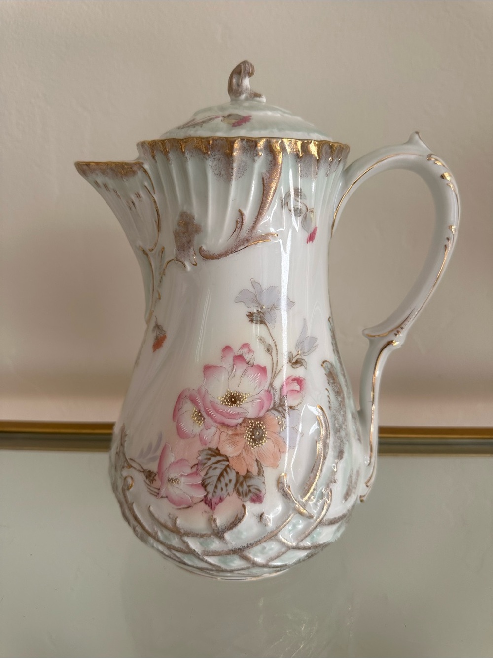 Limogé Porcelain Floral Pitcher with Pink Floral Accents and Gold Trim